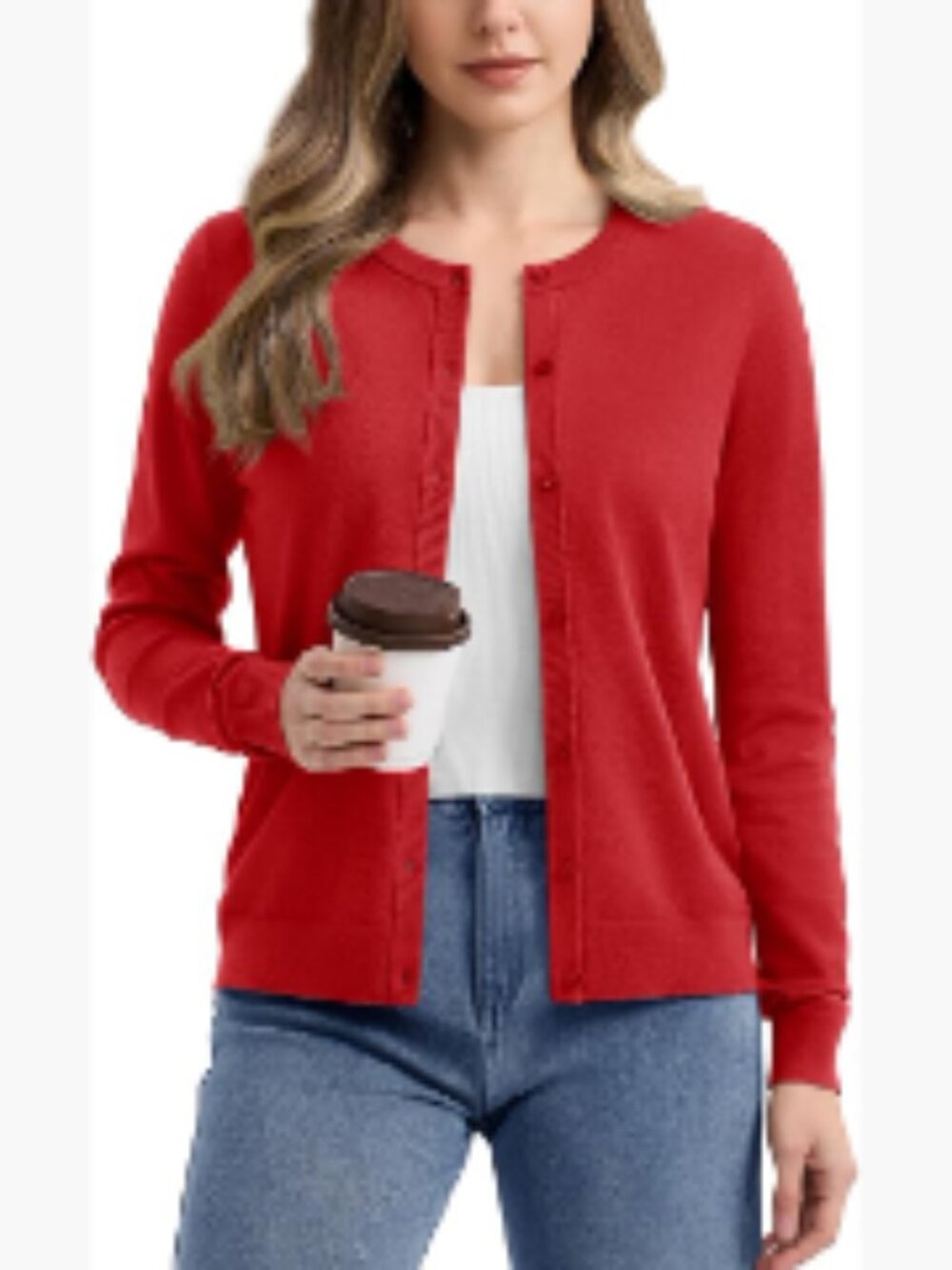 Lightweight Knit Button Down Cardigan Crew Neck Long Sleeve Soft Casual Sweater
